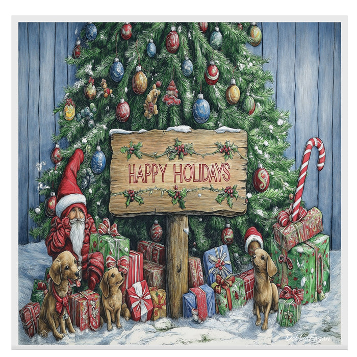 Dog Christmas Canvas - "Holiday Paws" - Adorable Puppies with Elf Hats and Presents Beneath the Christmas Tree on Ready to Hang 1.5" Thick Canvas Wrap, Floating Framed Canvas, Flat Rolled Canvas