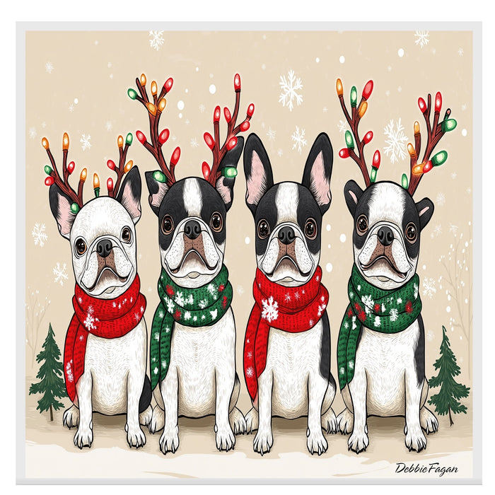 French Bulldogs Christmas Canvas - "Frenchie Frost" - with Festive Antlers in Winter Snow on Ready to Hang 1.5" Thick Canvas Wrap, Floating Framed Canvas, Flat Rolled Canvas