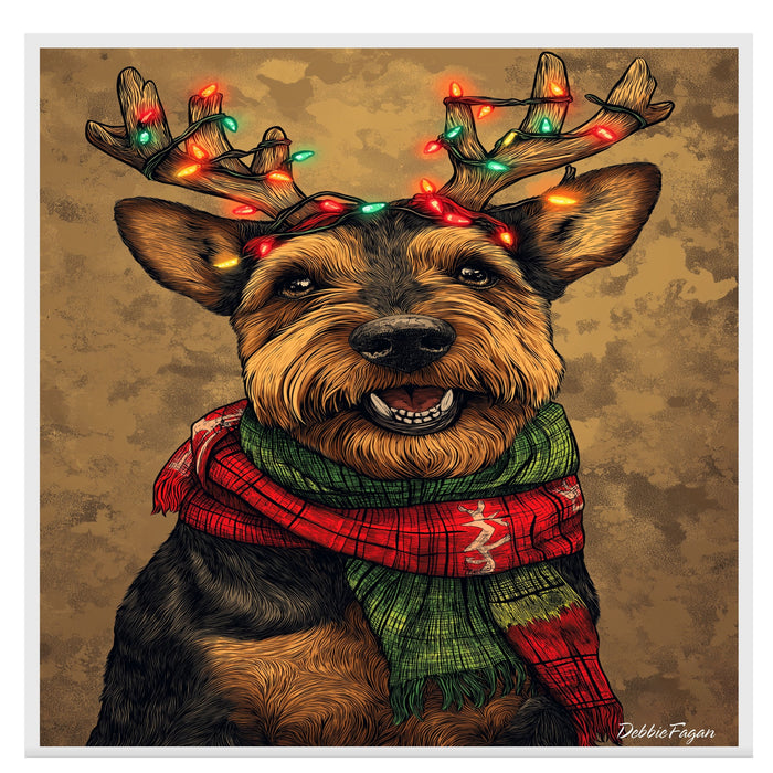 Airedale Holiday Cheer - 'Festive Fuzz' - Airedale Dog with Lit Antler Headband & Cozy Scarf on Rustic Background, Ready to Hang 1.5" Thick Canvas Wrap, Floating Framed Canvas, Flat Rolled Canvas