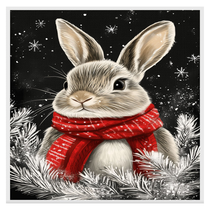 "Cozy Snow Bunny" - Bunny in Red Scarf Sitting in Winter Snow on Ready to Hang 1.5" Thick Canvas Wrap, Floating Framed Canvas, Flat Rolled Canvas