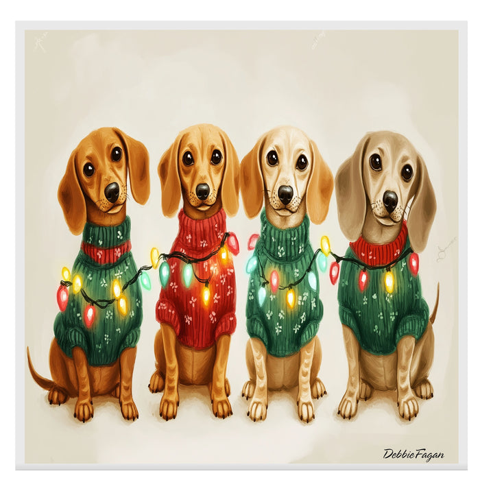 Christmas Canvas  - ÒDachshund SnugglesÓ - Adorable Dogs in Cozy Sweaters Wrapped in Colorful Christmas Lights on Ready to Hang 1.5" Thick Canvas Wrap, Floating Framed Canvas, Flat Rolled Canvas