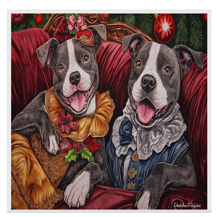 Staffie Christmas Canvas - "Victorian Whimsy" - American Staffordshire Bull Terriers in Elegant Attire on Ready to Hang 1.5" Thick Canvas Wrap, Floating Framed Canvas, Flat Rolled Canvas