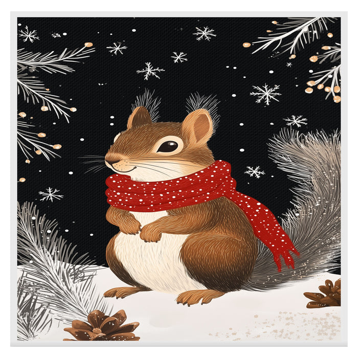 "Frosty Friend Squirrel" - Squirrel in Red Scarf Nestled in Snowy Scene on Ready to Hang 1.5" Thick Canvas Wrap, Floating Framed Canvas, Flat Rolled Canvas