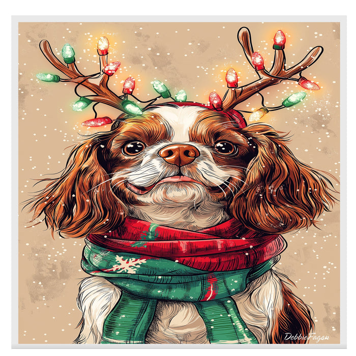 "Flurries of Joy" - Cavalier King Charles Dog with Lighted Antlers & Holiday Scarf in Snowfall, Ready to Hang 1.5" Thick Canvas Wrap, Floating Framed Canvas, Flat Rolled Canvas