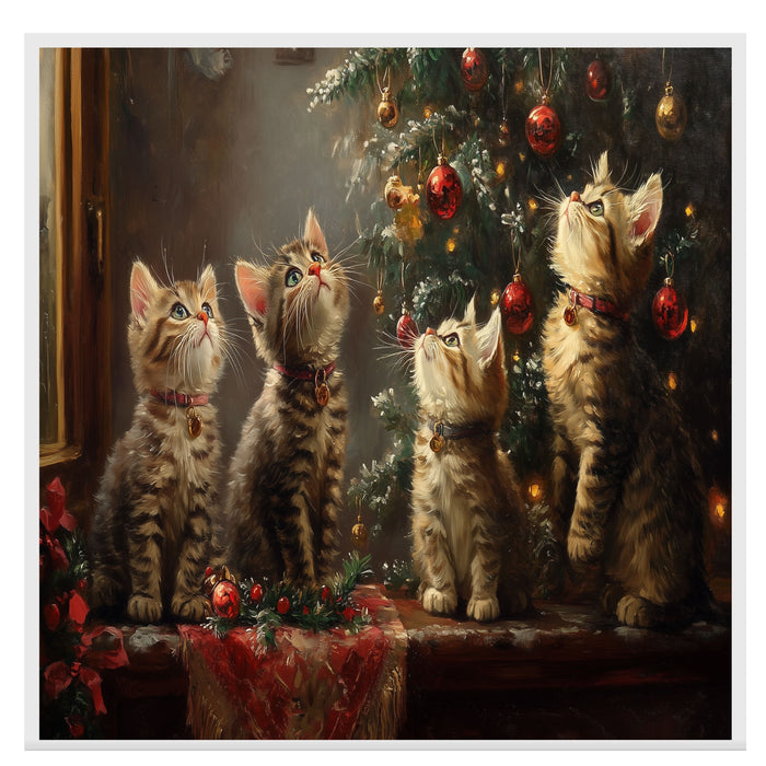 "Christmas Magic: Four Adorable Kittens Under the Tree" Ð Retro Holiday Painting on Ready to Hang 1.5" Thick Canvas Wrap, Floating Framed Canvas, Flat Rolled Canvas