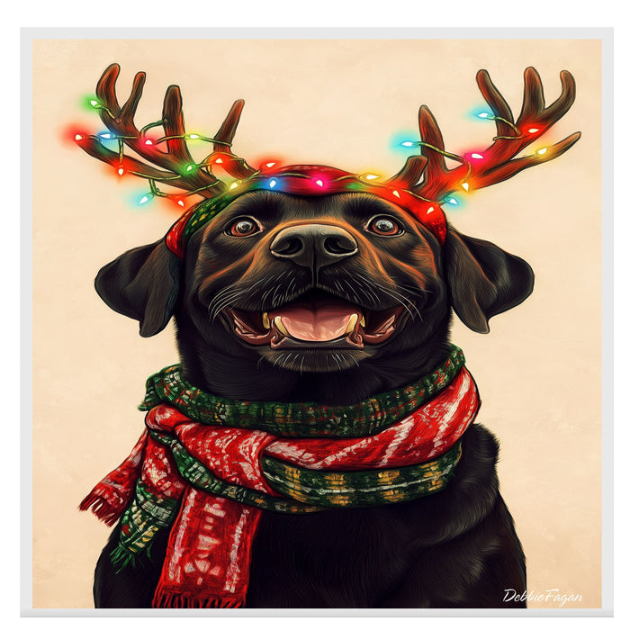 "Classic Cheer" - Black Labrador Dog with Lighted Antlers & Festive Scarf on Plain Beige Canvas, Ready to Hang 1.5" Thick Canvas Wrap, Floating Framed Canvas, Flat Rolled Canvas