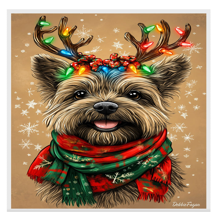 "Snowy Paws" - Cairn Terrier Dog with Lighted Antlers & Festive Scarf on Rustic Background with Snowflakes, Ready to Hang 1.5" Thick Canvas Wrap, Floating Framed Canvas, Flat Rolled Canvas