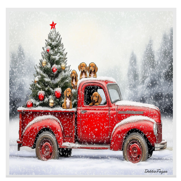 Vizsla Christmas Canvas - "Holiday Journey with Vizslas" - Puppies in a Festive Red Truck Canvas on Ready to Hang 1.5" Thick Canvas Wrap, Floating Framed Canvas, Flat Rolled Canvas