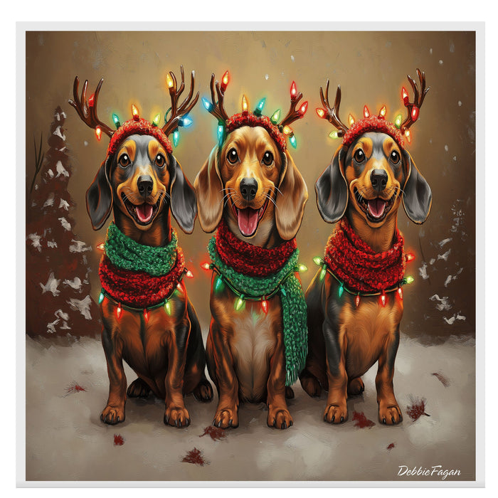 Dachshund Christmas Canvas - "Doxie Delight" - Festive Lighted Weiner Dogs in Winter Snow on Ready to Hang 1.5" Thick Canvas Wrap, Floating Framed Canvas, Flat Rolled Canvas