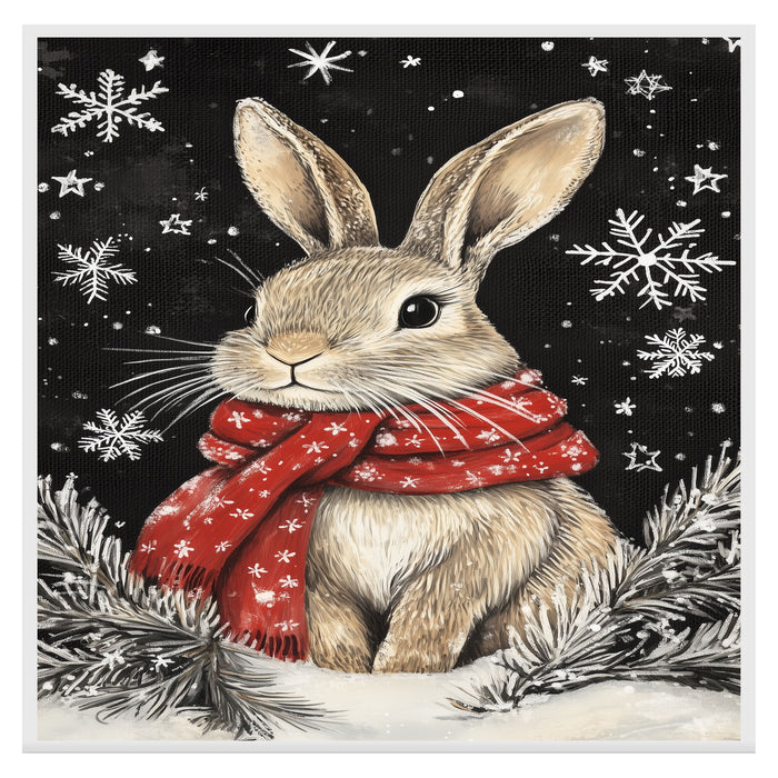 "Snowy Serenity Bunny" - Bunny in Red Scarf Sitting in Winter Snow on Ready to Hang 1.5" Thick Canvas Wrap, Floating Framed Canvas, Flat Rolled Canvas