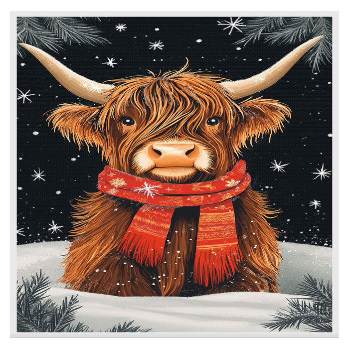 "Highland Winter Charm" - Highland Cow in Red Scarf Resting in Snow on Ready to Hang 1.5" Thick Canvas Wrap, Floating Framed Canvas, Flat Rolled Canvas