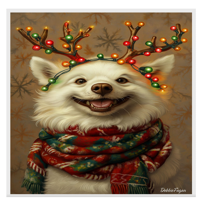 American Eskimo Winter Magic - 'Snowy Sparkle' - American Eskimo Dog with Festive Lighted Antlers & Holiday Scarf, Ready to Hang 1.5" Thick Canvas Wrap, Floating Framed Canvas, Flat Rolled Canvas