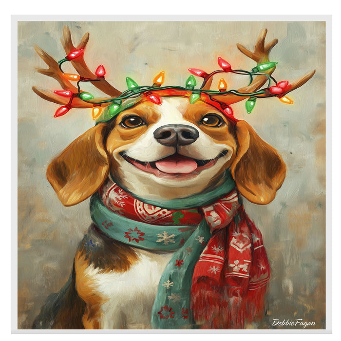 Beagle Christmas Charm - 'Rustic Snuggles' - Beagle Dog with Lighted Antlers & Festive Scarf on Rustic Canvas, Ready to Hang 1.5" Thick Canvas Wrap, Floating Framed Canvas, Flat Rolled Canvas