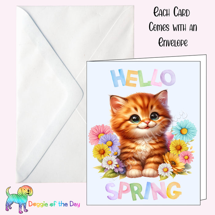 Hello Spring Little Ginger Kitten Greeting Card with Envelope, Fun and Cute Cat Portrait Stationery, 5x7"