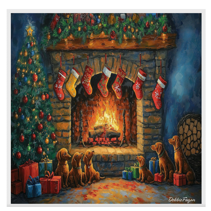 Dachshund Christmas Canvas - "Doxie Fireside Festivities" - Wiener by the Fireplace on Christmas Eve on Ready to Hang 1.5" Thick Canvas Wrap, Floating Framed Canvas, Flat Rolled Canvas