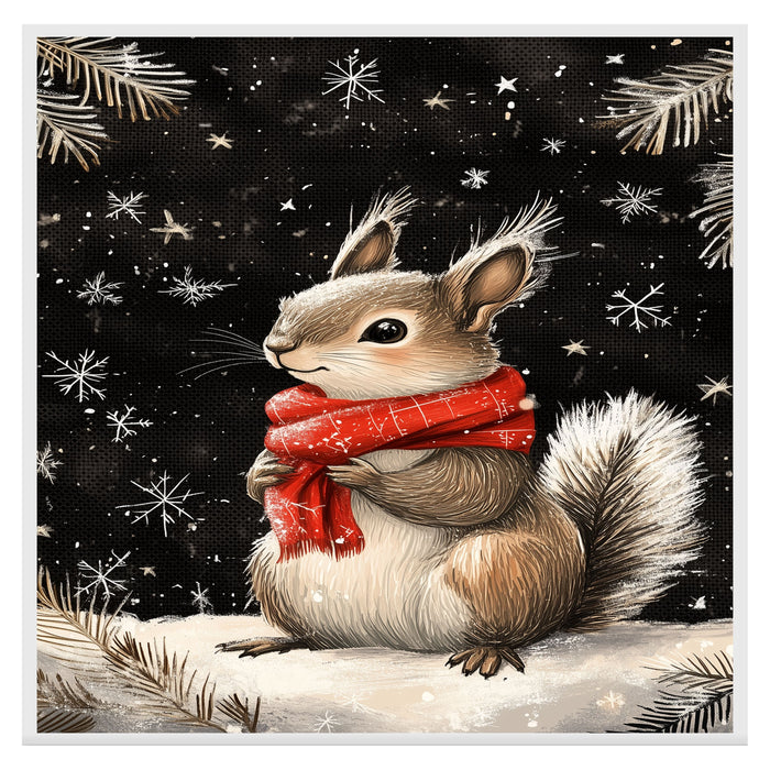 "Winter Delight Squirrel" - Squirrel in Red Scarf Playing in Snow on Ready to Hang 1.5" Thick Canvas Wrap, Floating Framed Canvas, Flat Rolled Canvas