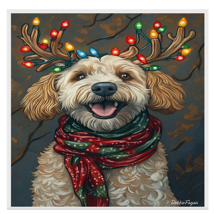 Rustic Merriment' - Bernedoodle Dog with Festive Antlers & Warm Scarf on Rustic Canvas Ready to Hang 1.5" Thick Canvas Wrap, Floating Framed Canvas, Flat Rolled Canvas