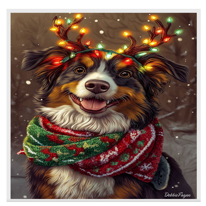 Forest Glow' - Australian Shepherd with Lighted Antlers & Festive Scarf in Snowy Forest Scene, Ready to Hang 1.5" Thick Canvas Wrap, Floating Framed Canvas, Flat Rolled Canvas