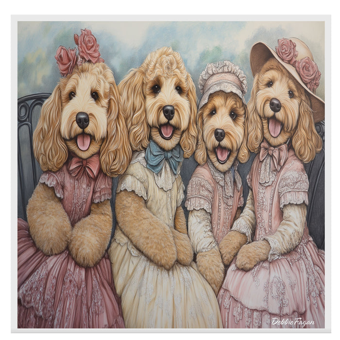 Dog Christmas Canvas  - "Victorian Doodle Charm" - Adorable Goldendoodles Dressed in Elegant Victorian Attire on Ready to Hang 1.5" Thick Canvas Wrap, Floating Framed Canvas, Flat Rolled Canvas