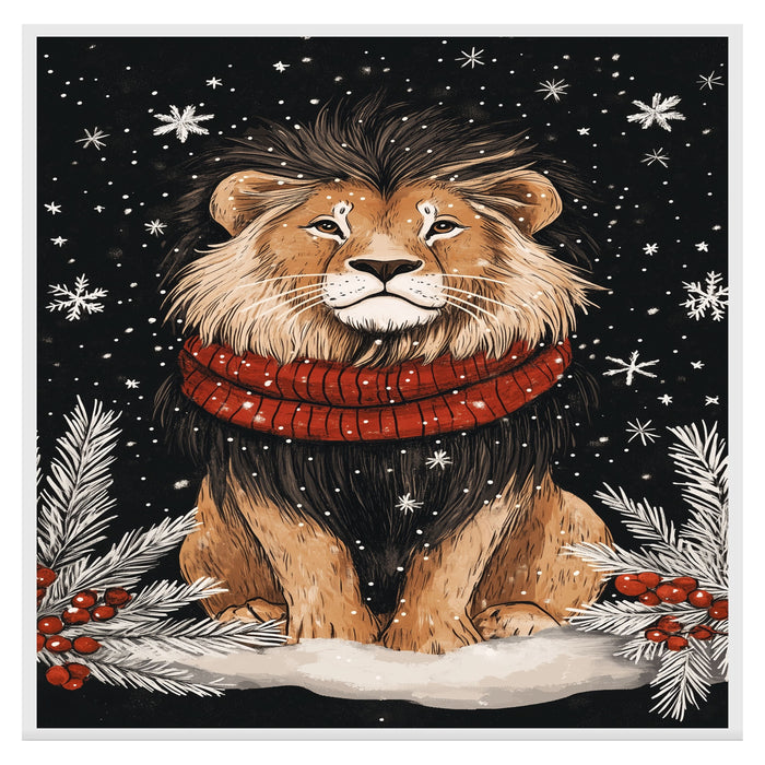 "Winter Majesty Lion" - Lion in Red Scarf Resting in Snowy Landscape on Ready to Hang 1.5" Thick Canvas Wrap, Floating Framed Canvas, Flat Rolled Canvas