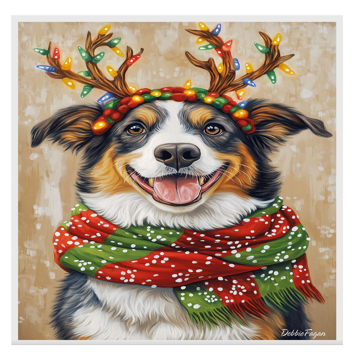 Holiday Spirit - 'Festive Flicker' - Australian Shepherd Dog with Lighted Antlers & Cozy Scarf on Rustic Background, Ready to Hang 1.5" Thick Canvas Wrap, Floating Framed Canvas, Flat Rolled Canvas