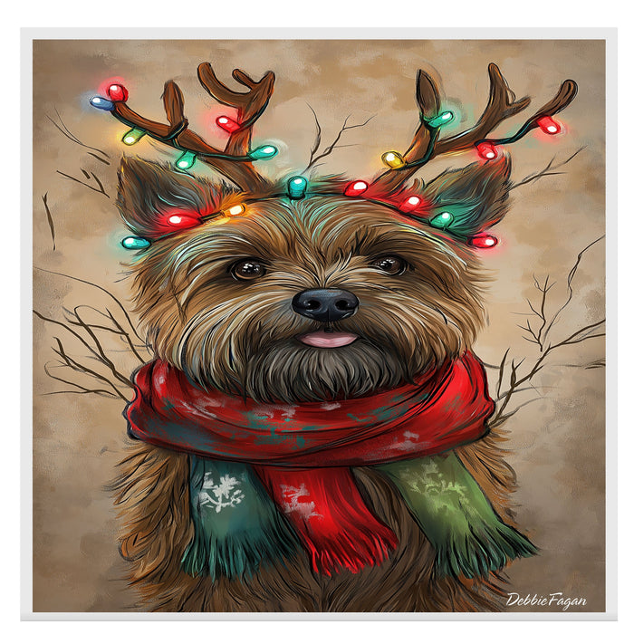 "Rustic Joy" - Cairn Terrier Dog with Lighted Antlers & Cozy Scarf on Rustic Canvas, Ready to Hang 1.5" Thick Canvas Wrap, Floating Framed Canvas, Flat Rolled Canvas