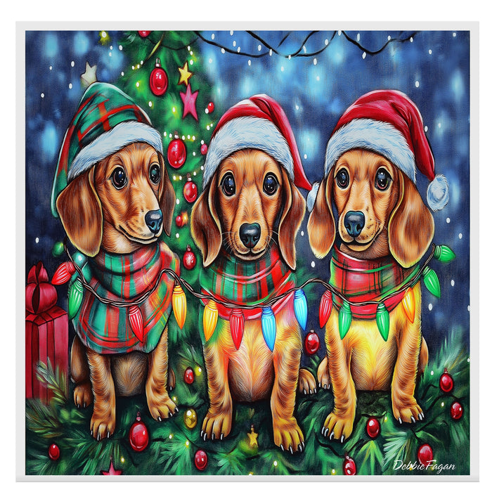 Doxie Christmas Canvas - "Wiener Wonder" - Festive Pups in Cozy Winter Wear Dressed with Twinkling Christmas Lights on Ready to Hang 1.5" Thick Canvas Wrap, Floating Framed Canvas, Flat Rolled Canvas