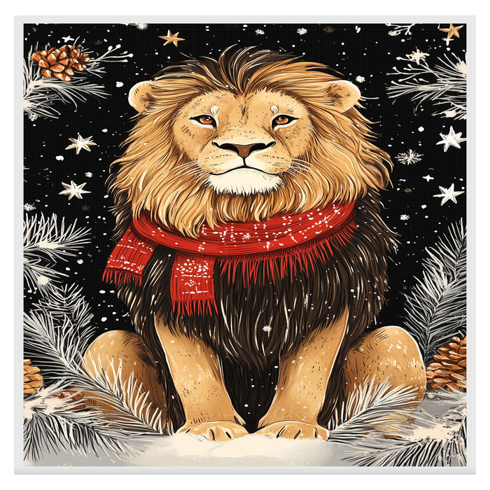 "Frosted Pride Lion" - Lion in Red Scarf Amidst Snowy Scenery on Ready to Hang 1.5" Thick Canvas Wrap, Floating Framed Canvas, Flat Rolled Canvas