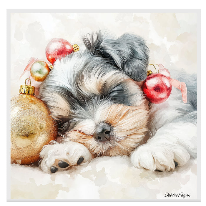 Schnauzer Christmas Canvas - "Holiday Slumber" - Adorable Puppy Snuggled Beside Festive Ornament on Ready to Hang 1.5" Thick Canvas Wrap, Floating Framed Canvas, Flat Rolled Canvas