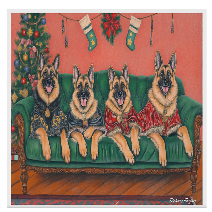 Dog Christmas Canvas - "Victorian Yuletide Splendor" - Majestic German Shepherds Amidst a Festive Winter Wonderland on Ready to Hang 1.5" Thick Canvas Wrap, Floating Framed Canvas, Flat Rolled Canvas