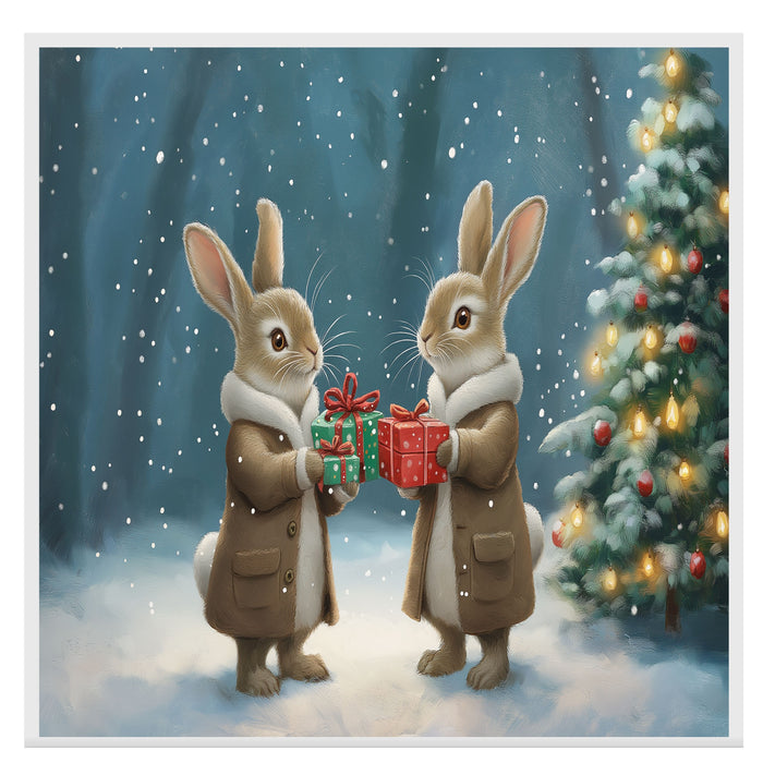 "Enchanted Forest Cheer: Bunnies Exchanging Gifts" Ð Cozy Winter Scene on Ready to Hang 1.5" Thick Canvas Wrap, Floating Framed Canvas, Flat Rolled Canvas