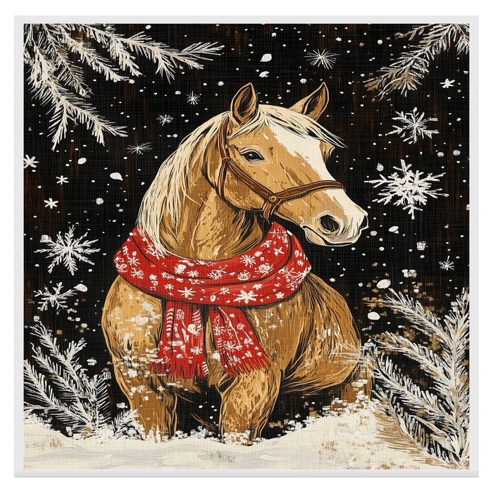 "Snowy Elegance Horse" - Horse in Red Scarf Amidst Winter Snow on Ready to Hang 1.5" Thick Canvas Wrap, Floating Framed Canvas, Flat Rolled Canvas