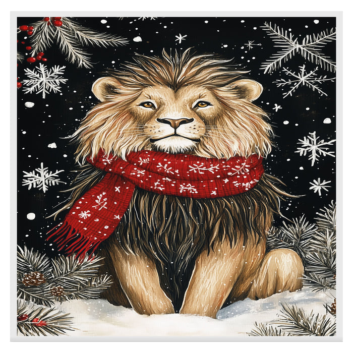 "Majestic Winter Lion" - Lion in Red Scarf Roaming the Snow on Ready to Hang 1.5" Thick Canvas Wrap, Floating Framed Canvas, Flat Rolled Canvas