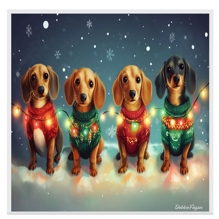 "Dachshund Merriment" - Cozy Doxies in Festive Sweaters & Twinkling Holiday Lights in Winter Wonderland on Ready to Hang 1.5" Thick Canvas Wrap, Floating Framed Canvas, Flat Rolled Canvas