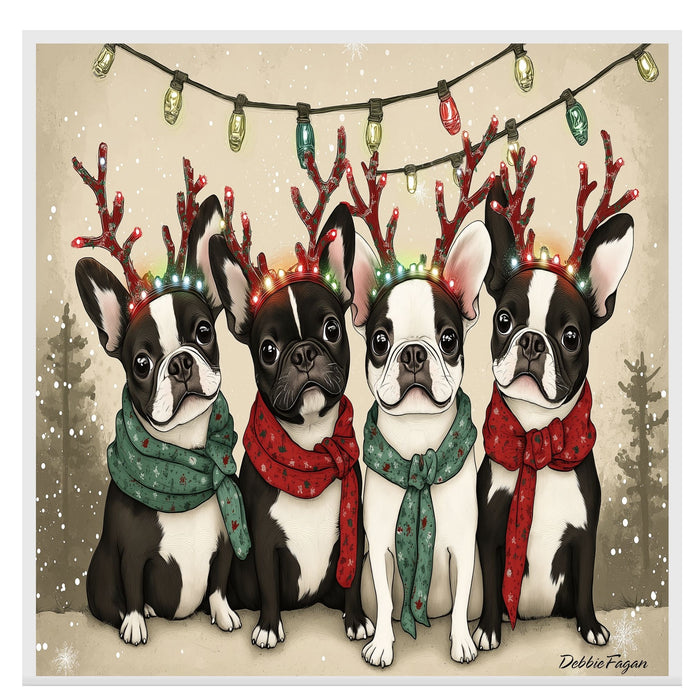 French Bulldogs Christmas Canvas - "Frenchie Bliss" - Wearing Colorful Bulb Reindeer Antlers on Snowy Background on Ready to Hang 1.5" Thick Canvas Wrap, Floating Framed Canvas, Flat Rolled Canvas