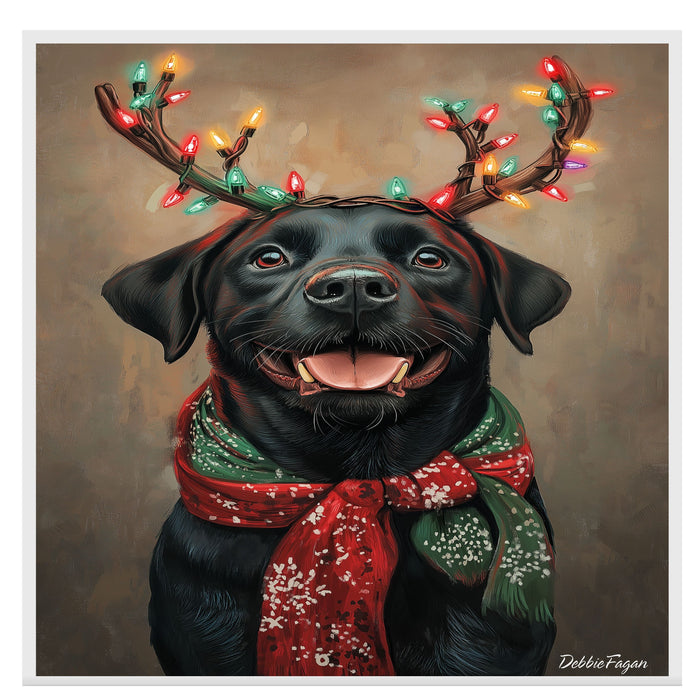 "Rustic Antlers" - Black Labrador Dog with Christmas Lights & Cozy Scarf on Rustic Background, Ready to Hang 1.5" Thick Canvas Wrap, Floating Framed Canvas, Flat Rolled Canvas