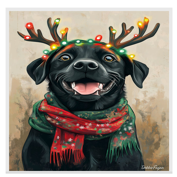 "Rustic Noel" - Black Labrador Dog with Festive Antlers & Cozy Scarf on Rustic Canvas, Ready to Hang 1.5" Thick Canvas Wrap, Floating Framed Canvas, Flat Rolled Canvas