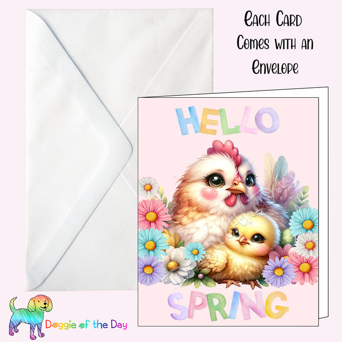 Hello Spring Chicken Greeting Card with Envelope, Fun and Cute Animal Portrait Stationery, 5x7"