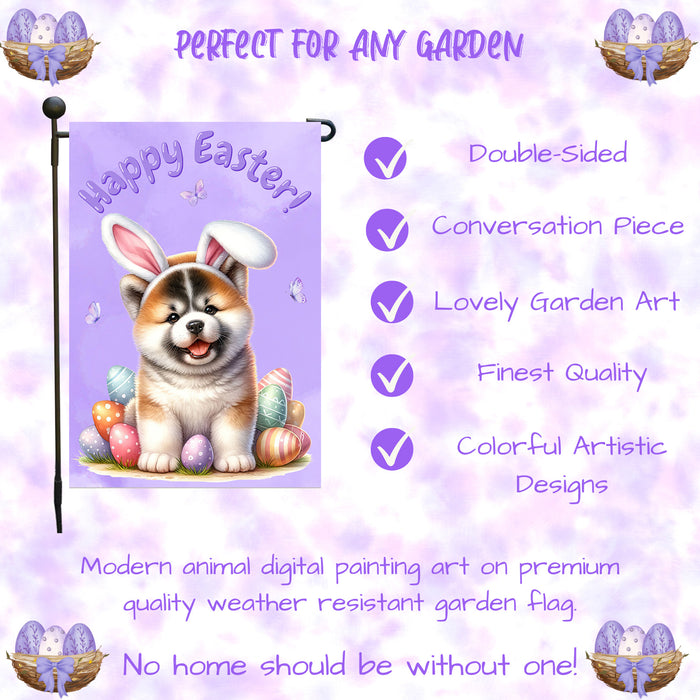 Akita Dog Happy Easter Garden Flag Puppy Bunny Ears Eggs Spring Yard Lawn Décor 12x18 Inch Single Side and Double Sided
