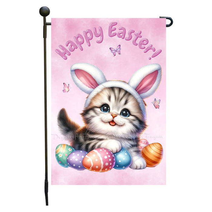 Easter American Shorthair Cat Garden Flag, Cute Happy Easter, Egg Hunt Basket, Personalized Double Sided Flag Yard Outdoor Decoration, EGHNT00007
