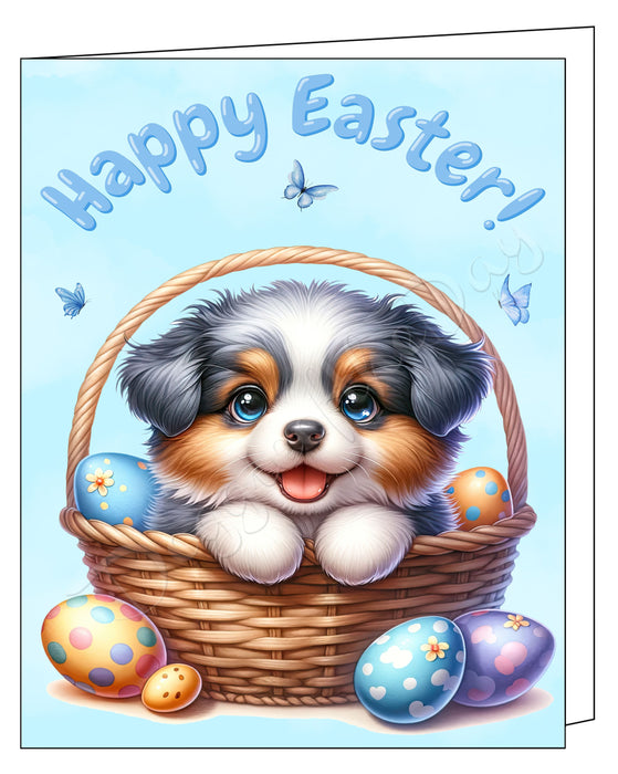 Happy Easter Australian Shepherd 2 Greeting Cards, Spring Holiday Notecards Blank Inside Envelopes Included, Unique Easter Egg Cards for Dog Lovers