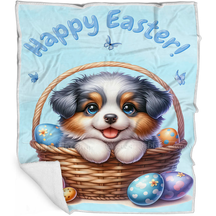 Easter Egg Hunt Australian Shepherd  with Bunny Ears Happy Easter Holiday Blanket, EGHNTBLNKTDG00004