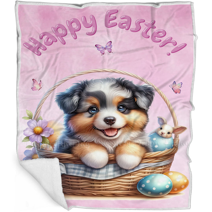 Easter Egg Hunt Australian Shepherd with Bunny Ears Happy Easter Holiday Blanket, EGHNTBLNKTDG00003