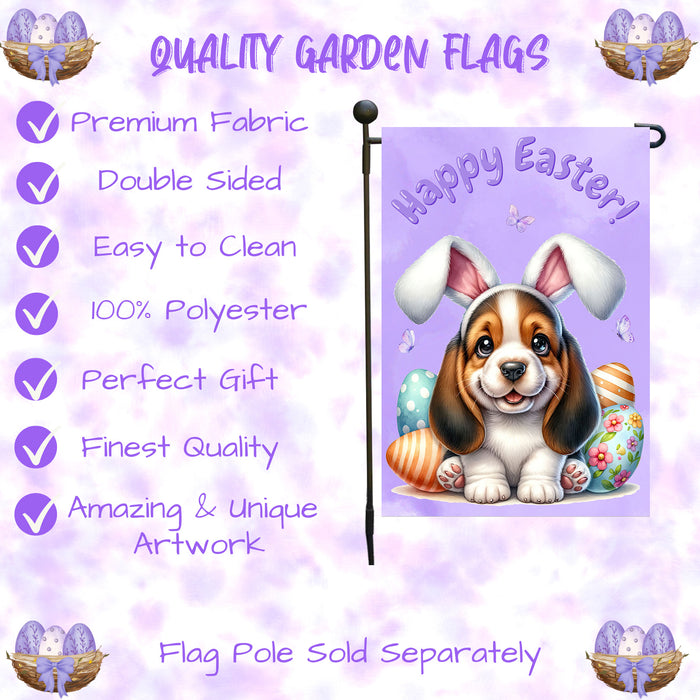 Basset Hound Dog Easter Porch Garden Flag Puppy Bunny Ears Eggs Farmhouse Décor 12x18 Inch Single Side and Double Sided