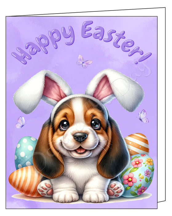 Happy Easter Basset Hound 2 Greeting Cards, Spring Holiday Notecards Blank Inside Envelopes Included, Unique Easter Egg Cards for Dog Lovers