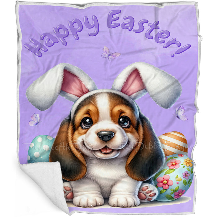Easter Egg Hunt Basset Hound  with Bunny Ears Happy Easter Holiday Blanket, EGHNTBLNKTDG00006