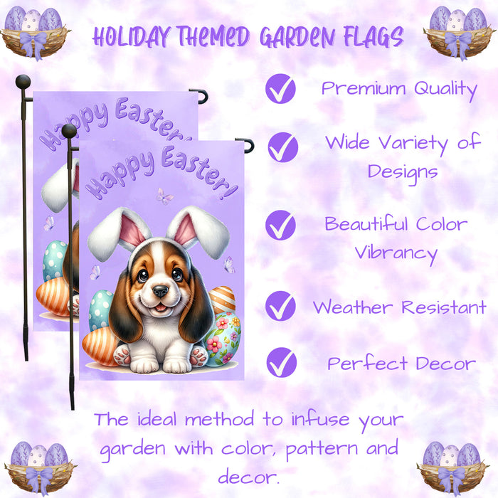 Basset Hound Dog Easter Porch Garden Flag Puppy Bunny Ears Eggs Farmhouse Décor 12x18 Inch Single Side and Double Sided