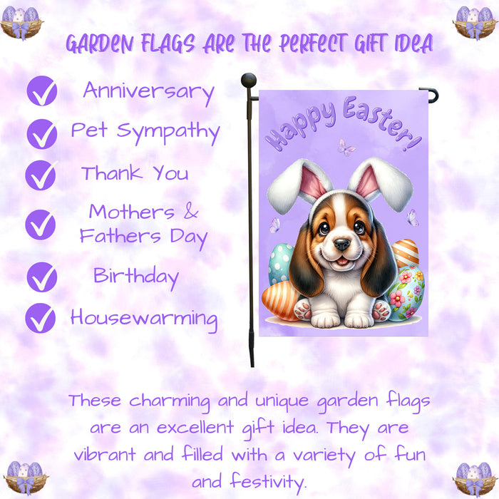 Basset Hound Dog Easter Porch Garden Flag Puppy Bunny Ears Eggs Farmhouse Décor 12x18 Inch Single Side and Double Sided