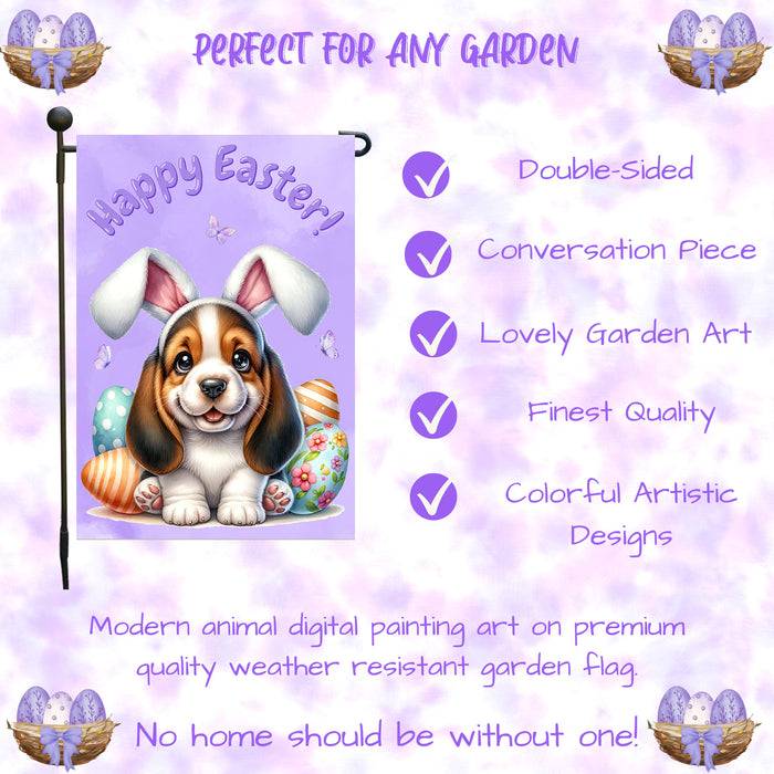 Basset Hound Dog Easter Porch Garden Flag Puppy Bunny Ears Eggs Farmhouse Décor 12x18 Inch Single Side and Double Sided