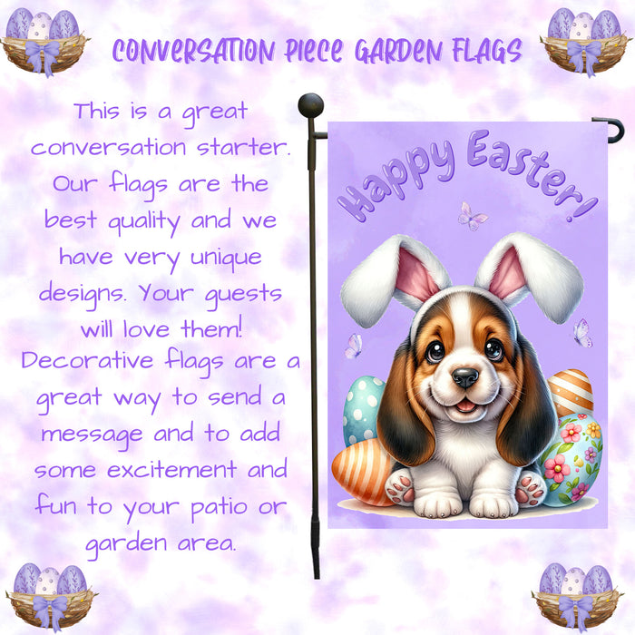 Basset Hound Dog Easter Porch Garden Flag Puppy Bunny Ears Eggs Farmhouse Décor 12x18 Inch Single Side and Double Sided